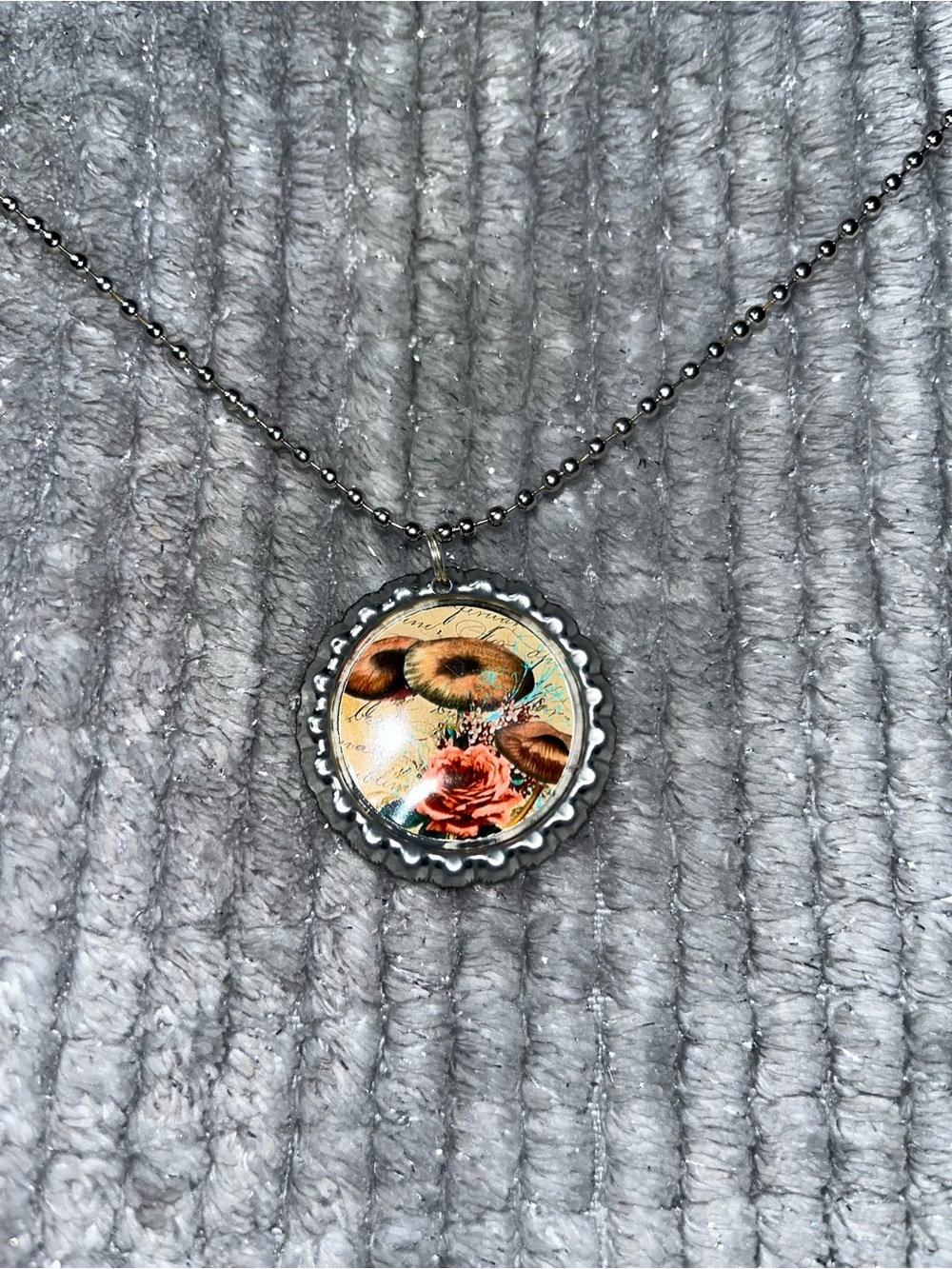 Floral Bottle Cap Pendant Necklace - Pink & Silver floral mushroom